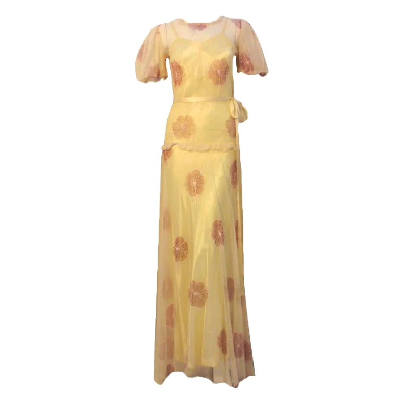 Friends and Family Sale VINTAGE Circa 1930s Custom 2 pc Long Cream Dress w/ Flowers & Slip