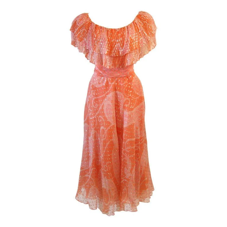 Super Sale DIANE DICKERSON Coral Chiffon Dress with Ruffle Size 6