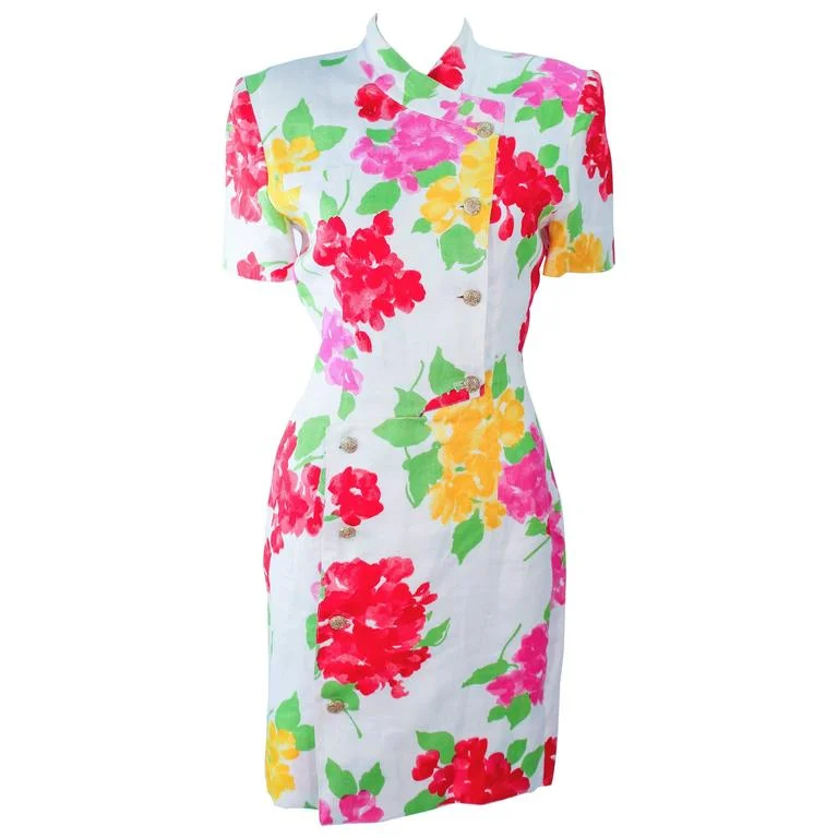 Buy More, Save More HANAE MORI White Floral Linen Day Dress, Gold Buttons Size 6-8