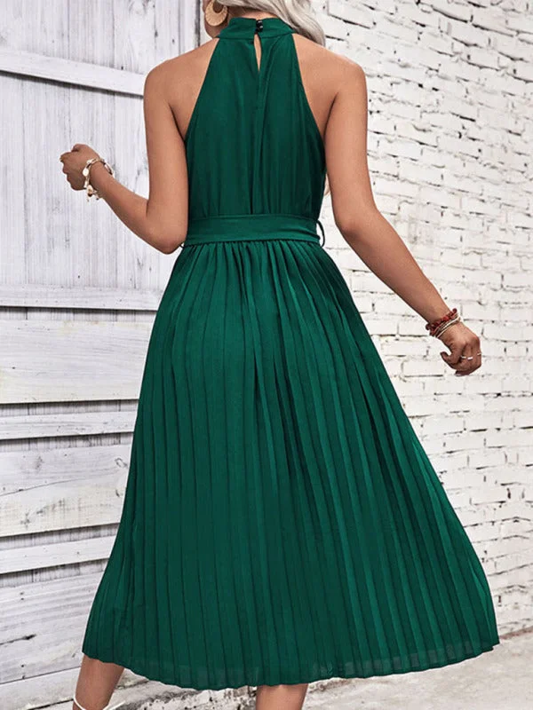Epic Deals Women's Long Length Pleated Halter Neck Dress With Belt