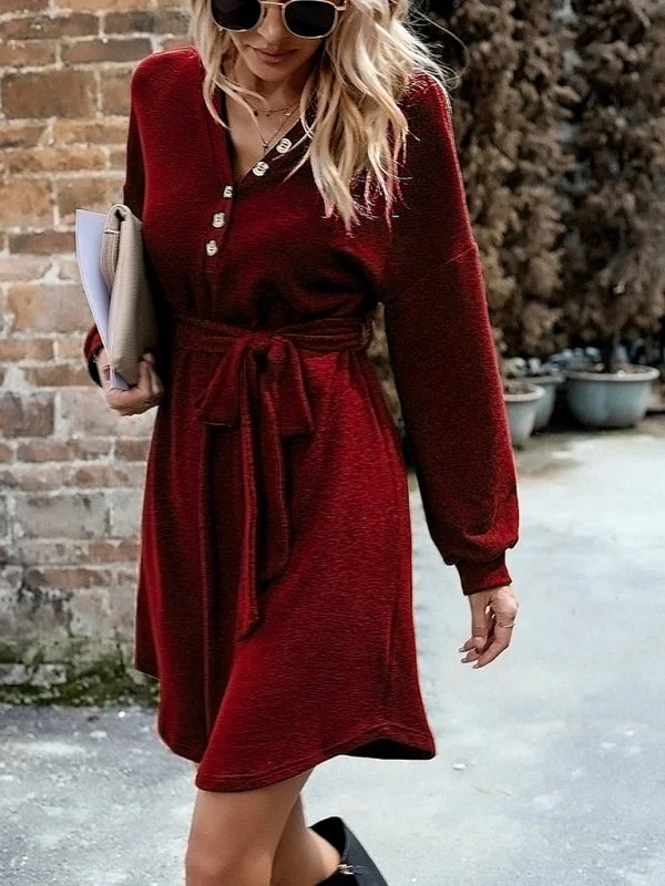 Super Sale Women's Long Sleeve Knitted A-Line Dress With Front Button Design And Belt