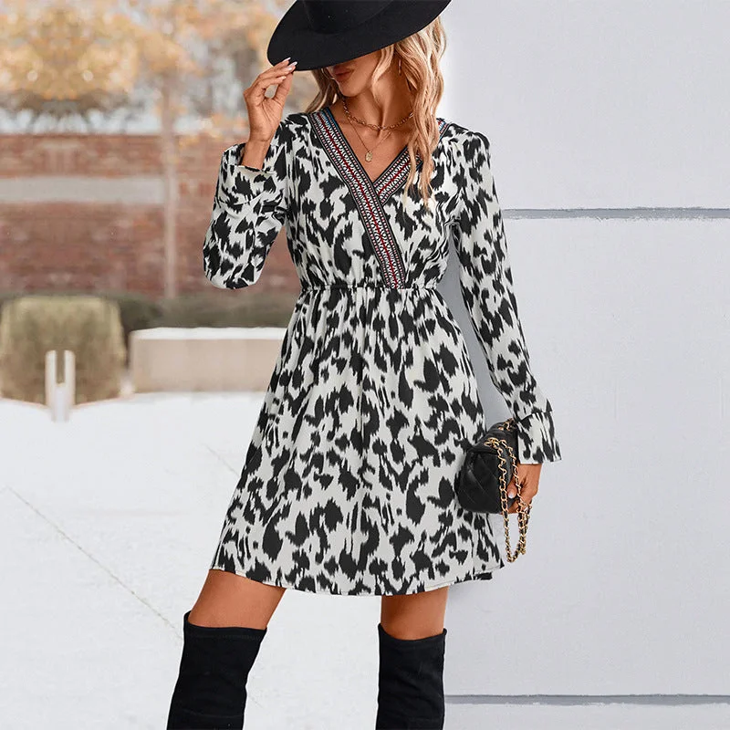 New Markdowns Women's V Neck Long Sleeved Printed Dress