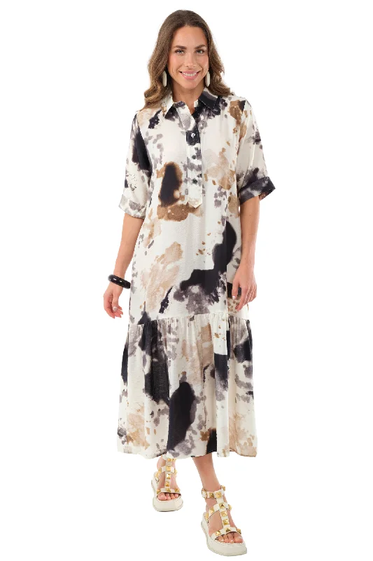 Clearance Event Women's Ivory & Black Splash Print Maxi Dress-"Vega"