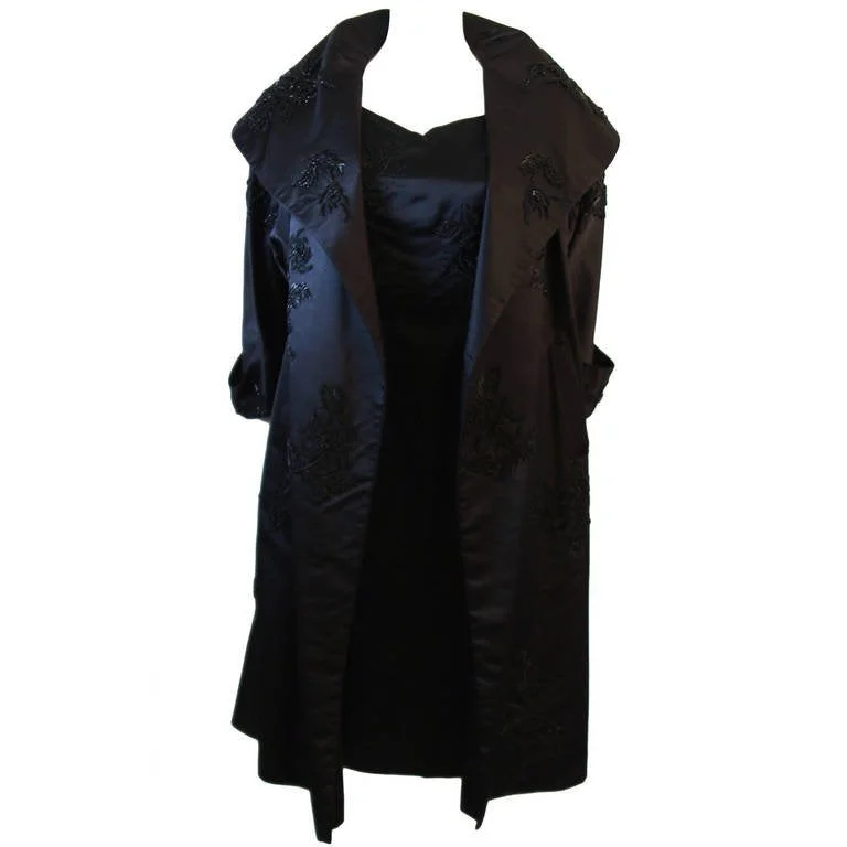Online Exclusive CHESTER & CO. 1950s Black Silk Cocktail Dress & Opera Coat Size 6