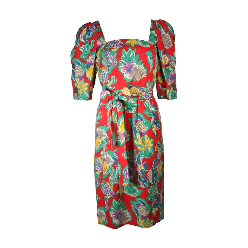 Year-End Sale YVES SAINT LAURENT Red Cotton Dress w/ Reef Life Pattern Size 38