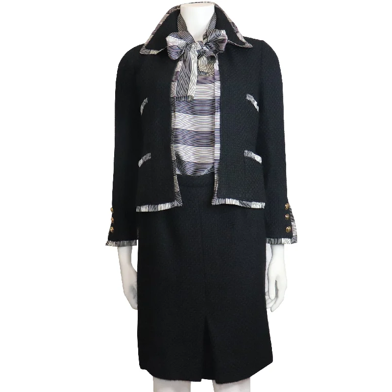 Savings Bonanza Chanel Black Boucle w/ Stripes and Gold Accents Skirt Suit (5PC) Circa 1990s