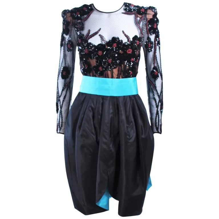 Price Meltdown PAUL LOUIS ORRIER Black Cocktail Dress w/ Turquoise Belt Size 6-8