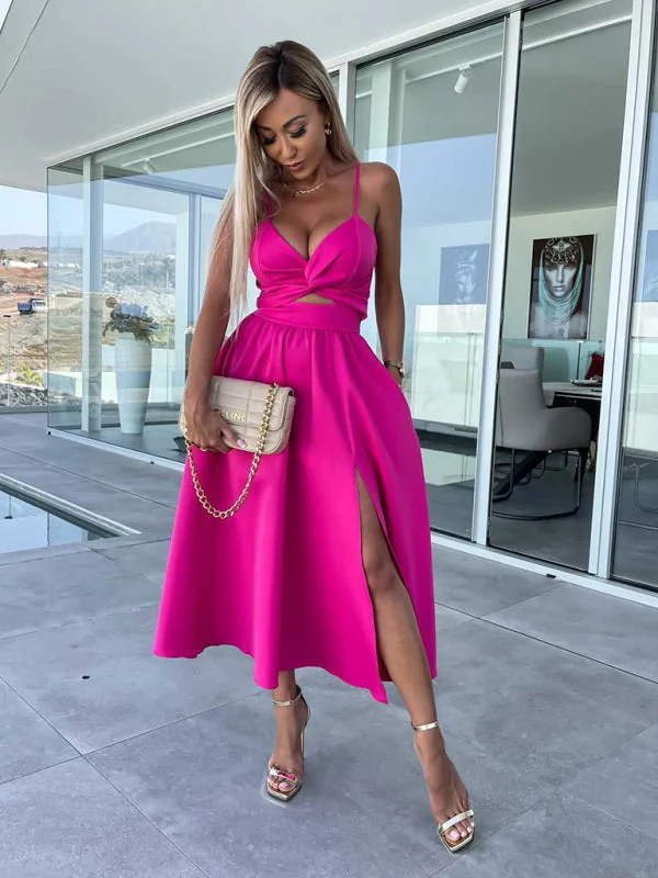 Overstock Women's Barbie Inspired Leg Split Flowy Midi Dress With Fitted Bodice