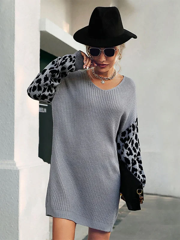 Stock Clearance Women’s Loose Fit Ribbed Knit Short Dress With Leopard Print Sleeves