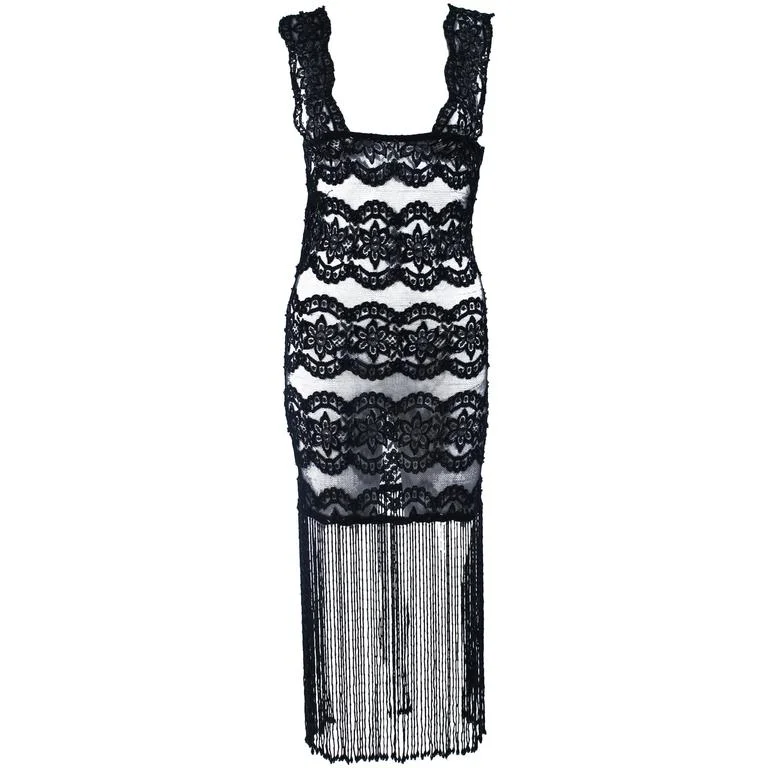 Time-Limited Offer CUSTOM Sheer Stretch Black Lace Dress with Fringe Size 2-4