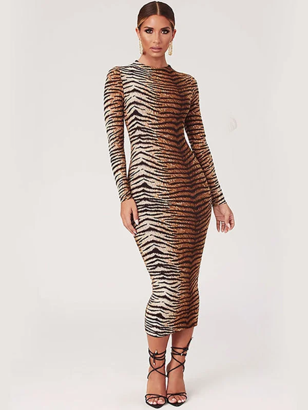 Savings Galore Women's Sexy Tiger Stripe Print Long Sleeve Dress