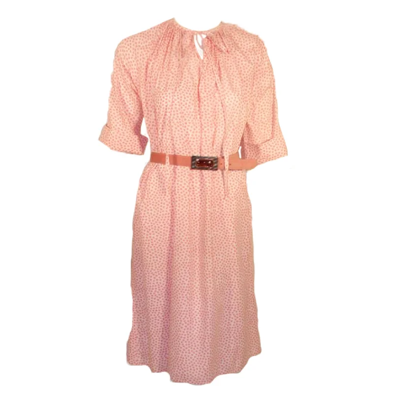 Shop and Save GEOFFREY BEENE 1970s Pink and White Clover Print Pattern Day Dress