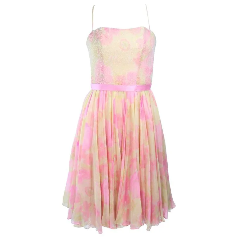 Final Sale MILDRED Circa 1960s Chiffon Beaded Cocktail Dress Size 2-4