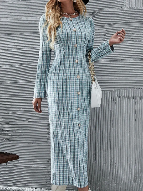 Special Price Women's Checkered Print Long Length Fitted Dress