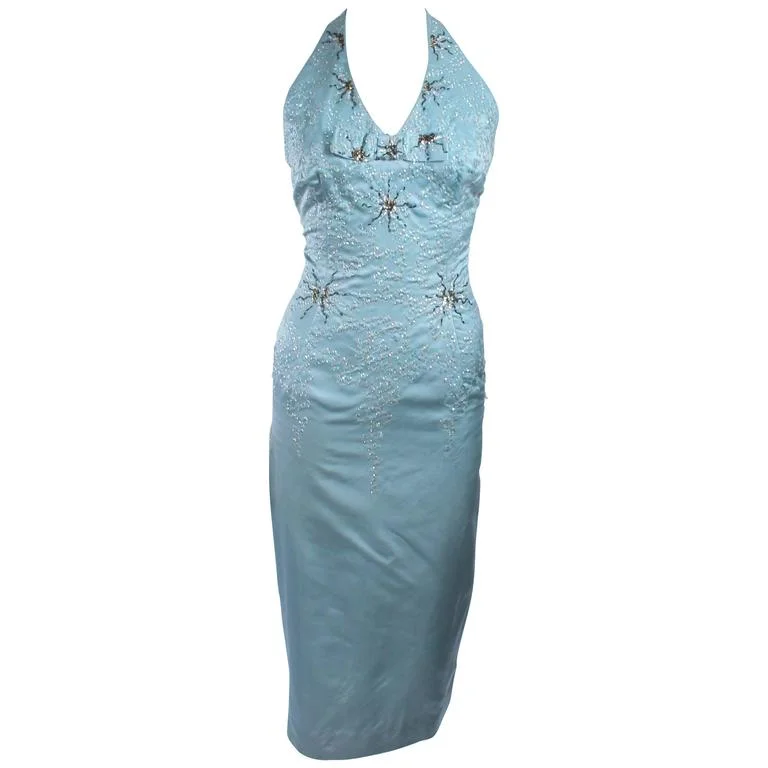 Online Specials SE'MONT 1960s Silk Aqua Halter w/ Embellishments Size 2-4