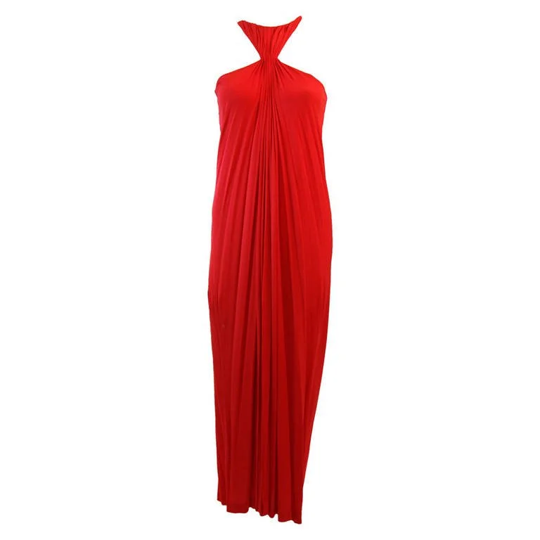 Price Smash VINTAGE Red Jersey Dress with Gathers and Racer Style Halter