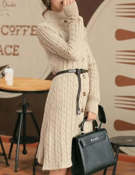 Final Markdown Vintage Single-Breasted Knee-Length Maxi Sweater Dress