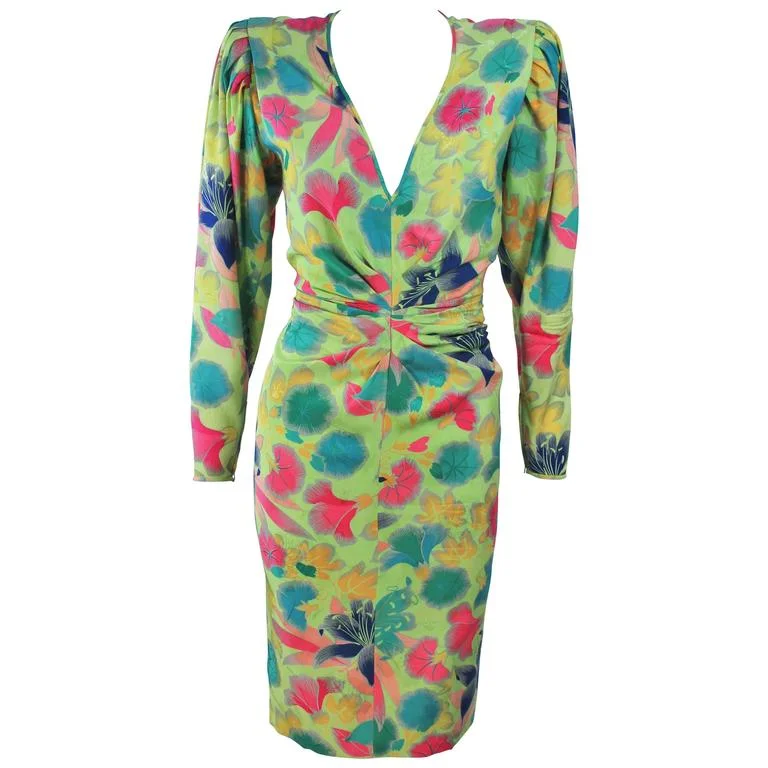 Epic Deals EMANUEL UNGARO Silk Green Floral Dress Size 8