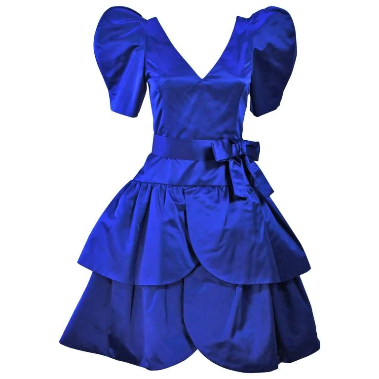 Doorbuster Deal ARNOLD SCAASI Blue Satin Cocktail Dress with Bow Size 8