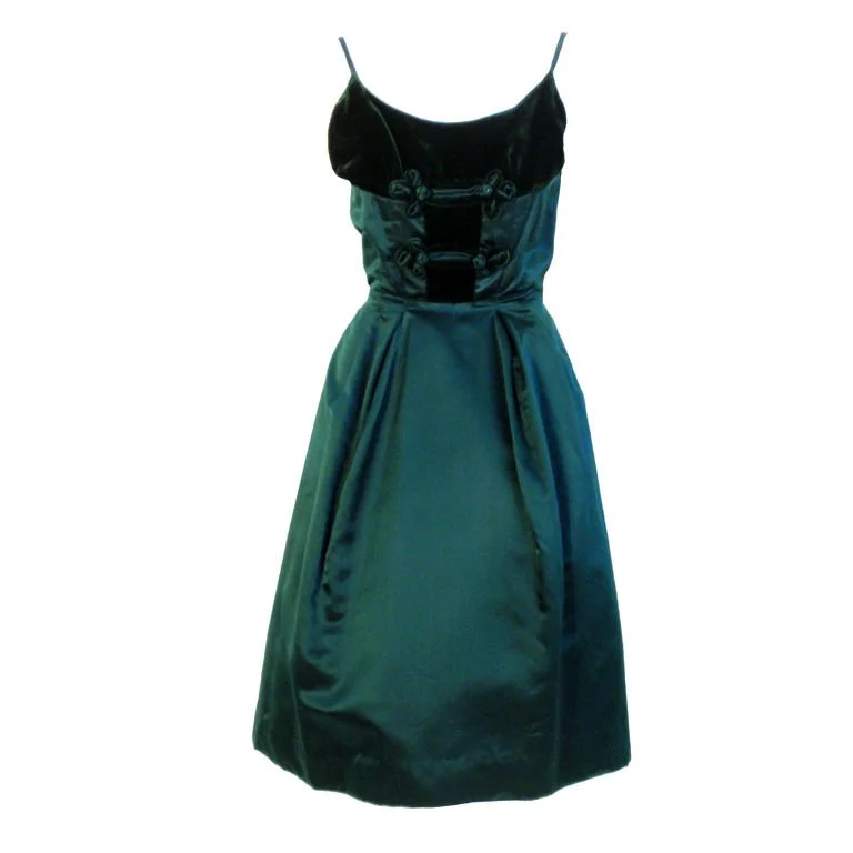 Special Discount OLEG CASSINI 1960s Emerald Satin Cocktail Dress with Velvet