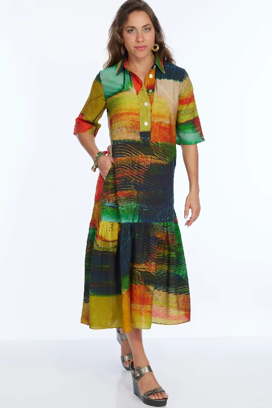 Don't Wait Sunset Abstract Dress Button-Down Collar VEGA | LIOR