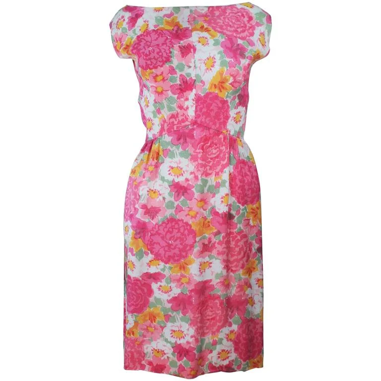 Huge Discounts VINTAGE Circa 1960s Pink Multi-Color Floral Silk Dress w/ Bow Size 4