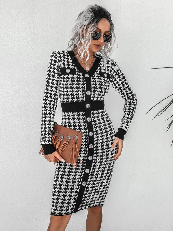Super Bargain Womens Button Up Bodycon Retro Checkered Knit Dress With Long Sleeves