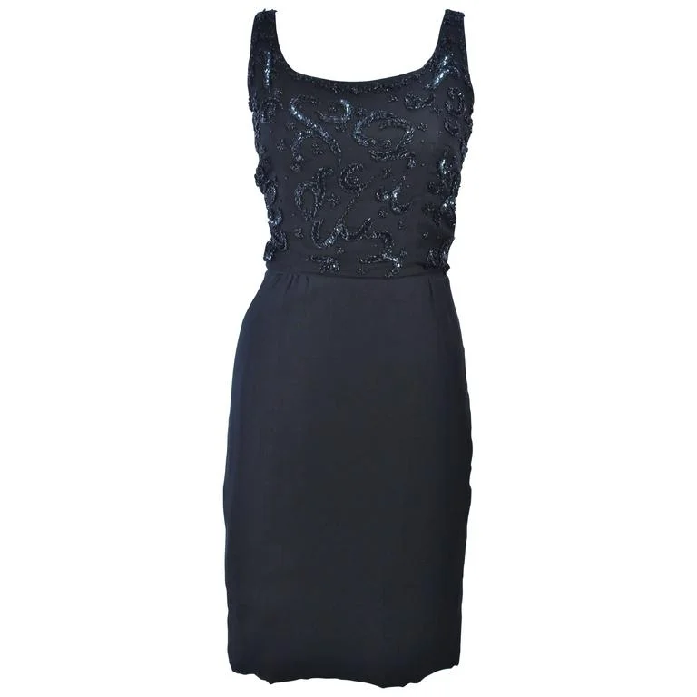 Weekend Deal VINTAGE Circa 1950s Black Silk Beaded Cocktail Dress Size 6