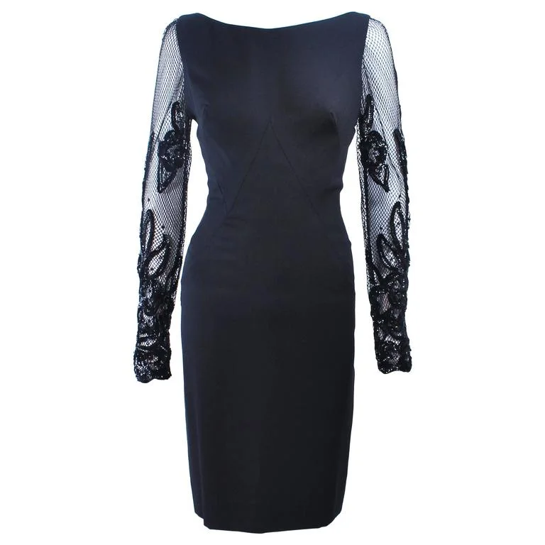 Price Drop Alert SYDNEY NORTH Black Silk Cocktail Dress w/ Mesh Sleeves Size 6-8