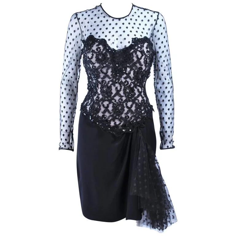 Price Reduction I. MAGNIN Black Silk Polka Dot Mesh Sequin Lace Cocktail Dress 6