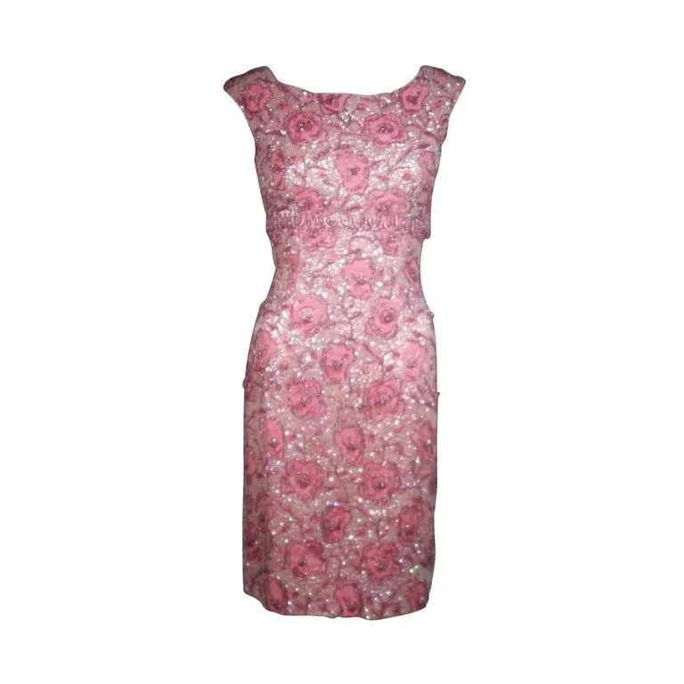Crazy Savings SAKS FIFTH AVENUE 1960s Pink Floral Beaded Cocktail Dress Size 4