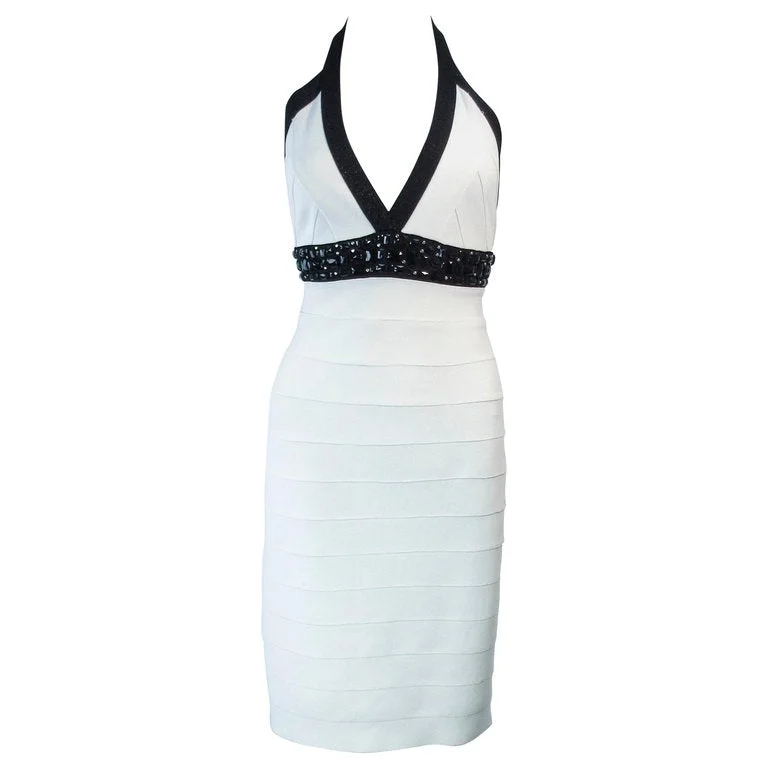 Special Price HERVE LEGER Black and White Beaded Bandage Dress