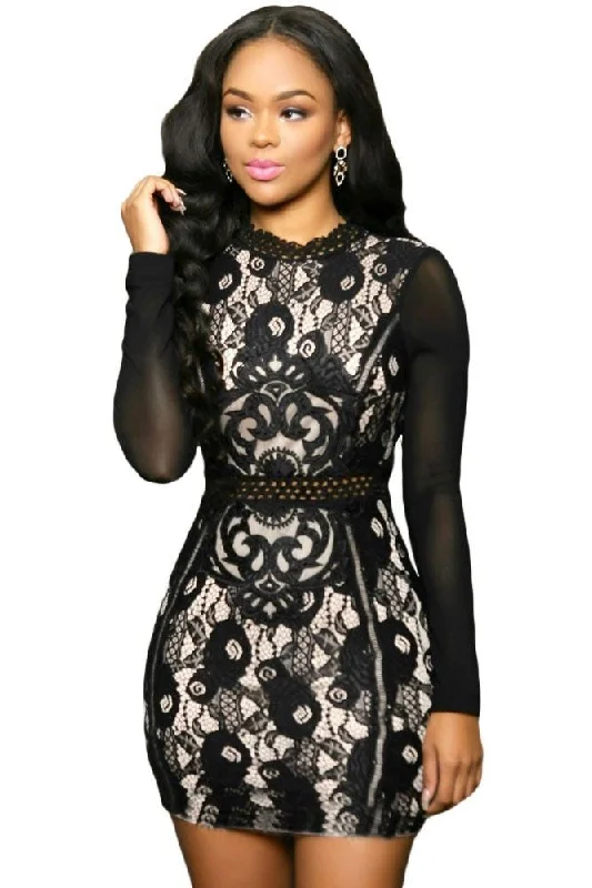 Holiday Sale Lace Mini Dress With Mesh Sleeves