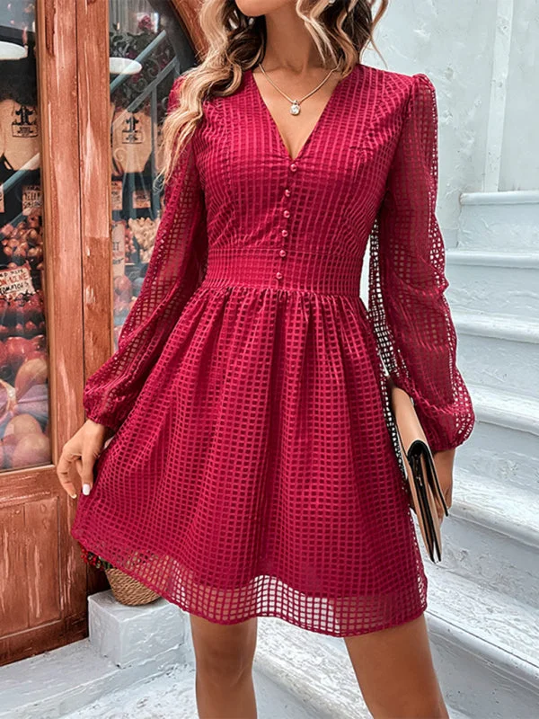 Exclusive Deal Women's V-Neck Hollow Design A-Line Dress With Long Sleeves