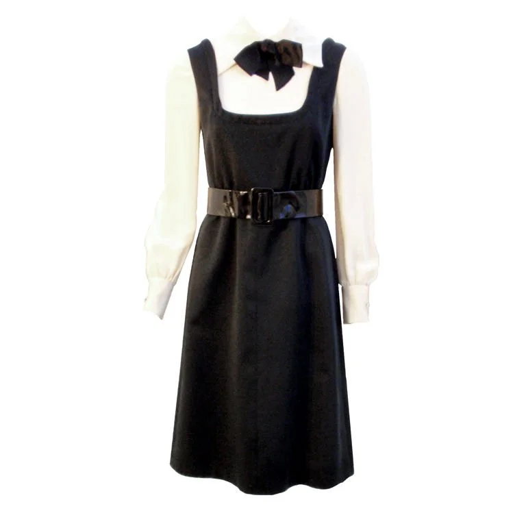 Inventory Reduction GEOFFREY BEENE 1960s Boutique Black & Cream Satin Dolly Dress
