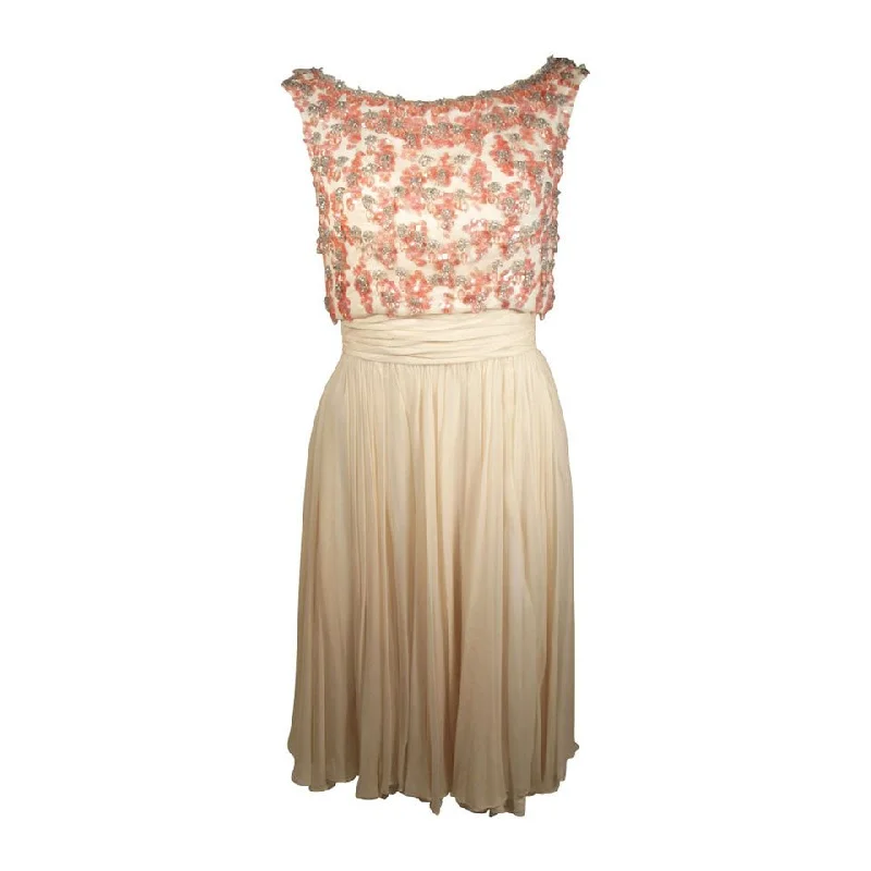 Bonus Savings PAT SANDLER Ivory Chiffon Cocktail Dress w/ Pink Accents
