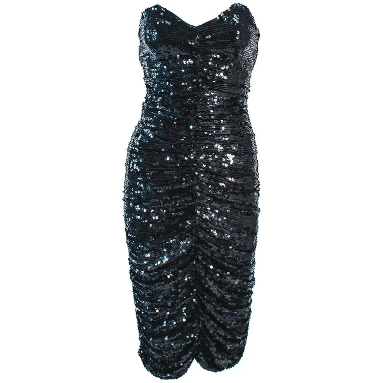 Price Cut KOZO Vintage Black Silk Sequin Ruched Cocktail Dress Size XS