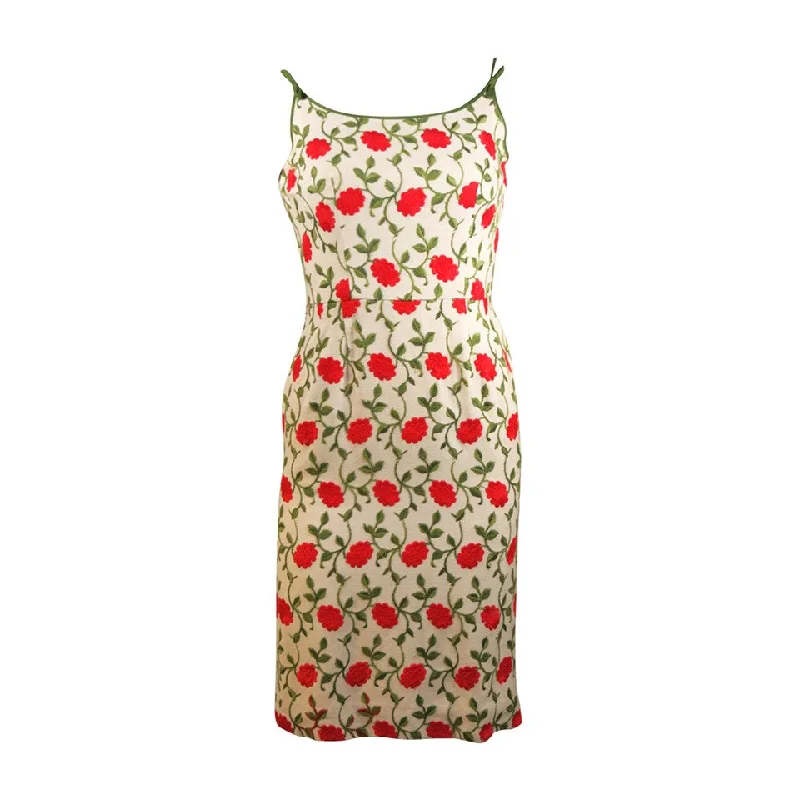 Incredible Offers VINTAGE Red Floral Embroidered Linen Day Dress