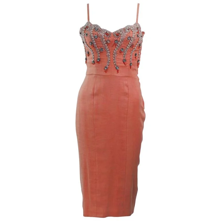 Daily Deals VINTAGE Circa 1960s Coral Embellished Cocktail Dress Size 2-4