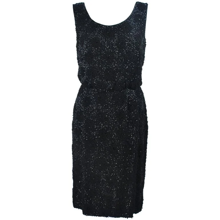Price Break VINTAGE Circa 1960s Black Silk Chiffon Beaded Cocktail Dress Size 4