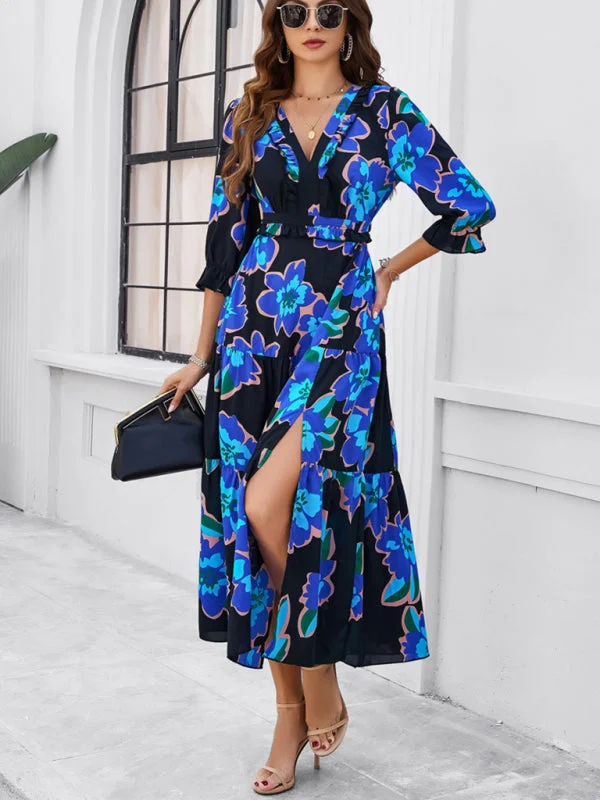 Limited Stock Women's Printed V-Neck Long Length Flowy Dress With Front Thigh Split