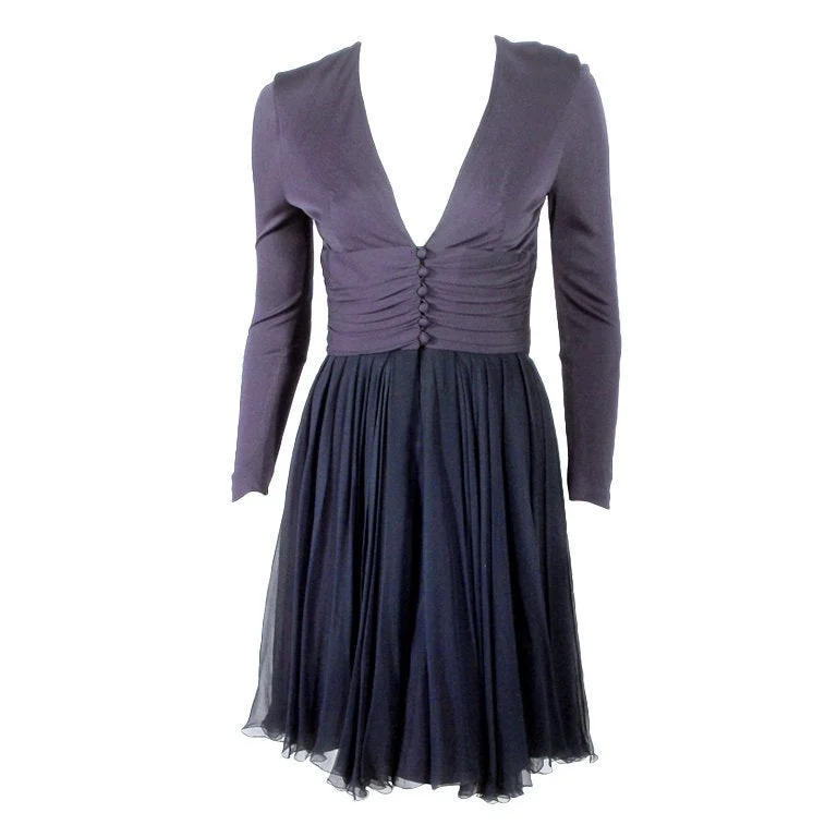 Hot Deal HELEN ROSE Navy Blue V-Neck Cocktail Dress with Chiffon Skirt