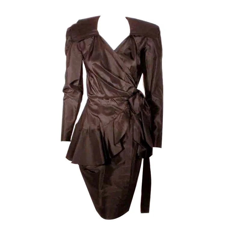Online Only ADOLFO 1980s Black Silk Wrap Dress