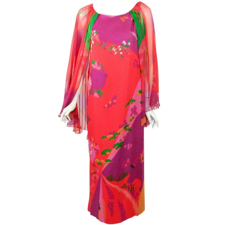 Extra Savings HANAE MORI Floral Print Silk Chiffon Caftan Gown