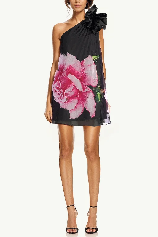 Fantastic Offers The Delia | Black Floral Printed One Shoulder Cocktail Dress