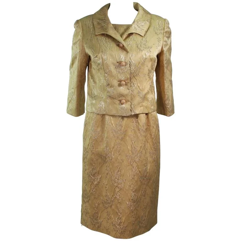Super Deal ANDREW ARKON 1960s Yellow Brocade Dress Ensemble Size 4