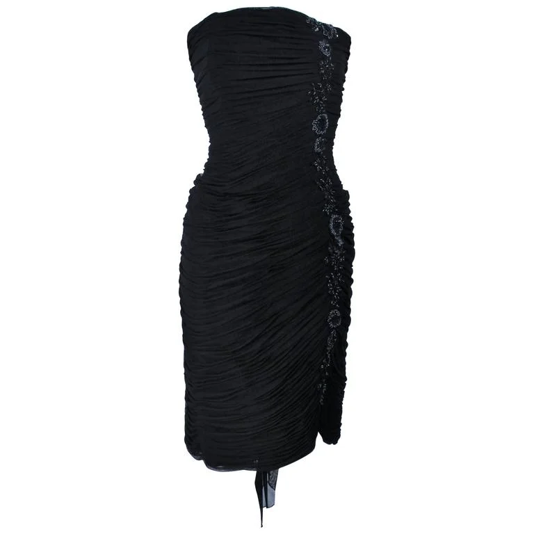 Holiday Sale VICKY TIEL Black Stretch Mesh Beaded Cocktail Dress Size 6-8