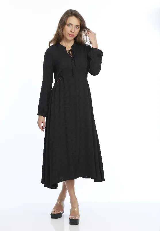 While Supplies Last LIOR Women's Long Sleeve Jacquard Black Dress With Drawstring Collar- Aurora