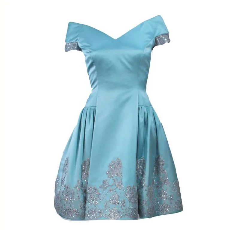 Year-End Sale VERA WANG Custom Silk Blue Cocktail Dress w/ Lace Size 6-8