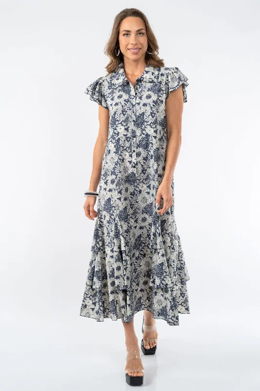 Huge Discounts LIOR Women's Long Navy Floral Ruffle Sleeve Half Placket Dress - "Armenia"